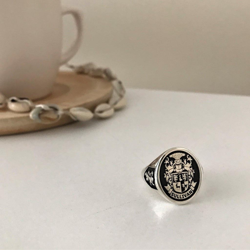 Custom Silver Signet Ring, Family Crest, 925 Sterling Silver, Heraldic Jewelry