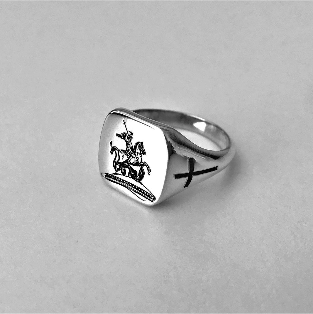 Custom Sterling Silver Cushion Signet Ring, Family Crest, Personalized Ring, Coat of Arms