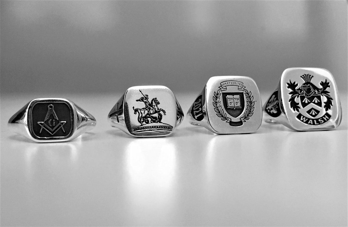 Custom Cushion Square Family Crest 925 Sterling Silver Ring, Personalized Signet Ring