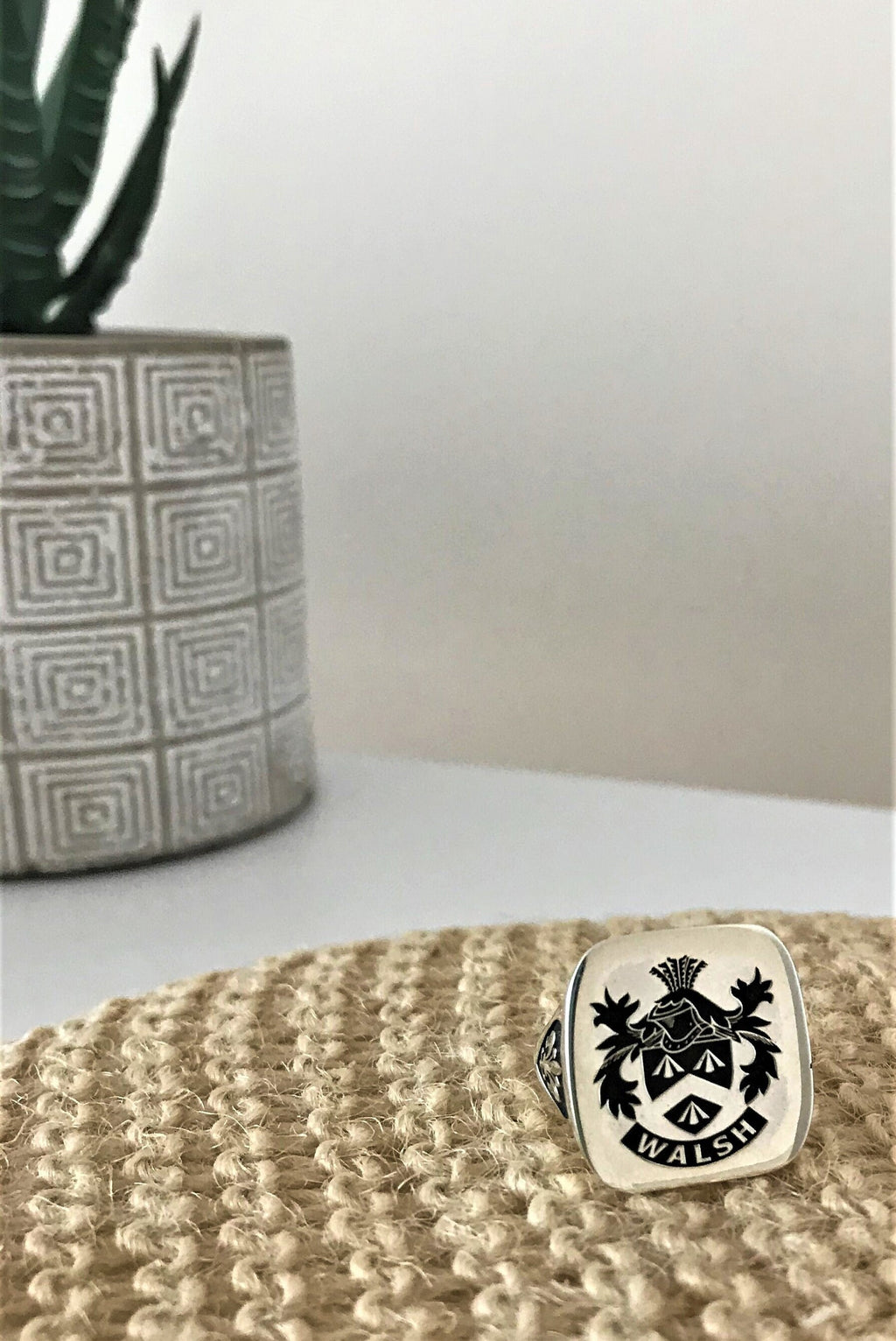 Custom Cushion Square Family Crest 925 Sterling Silver Ring, Personalized Signet Ring
