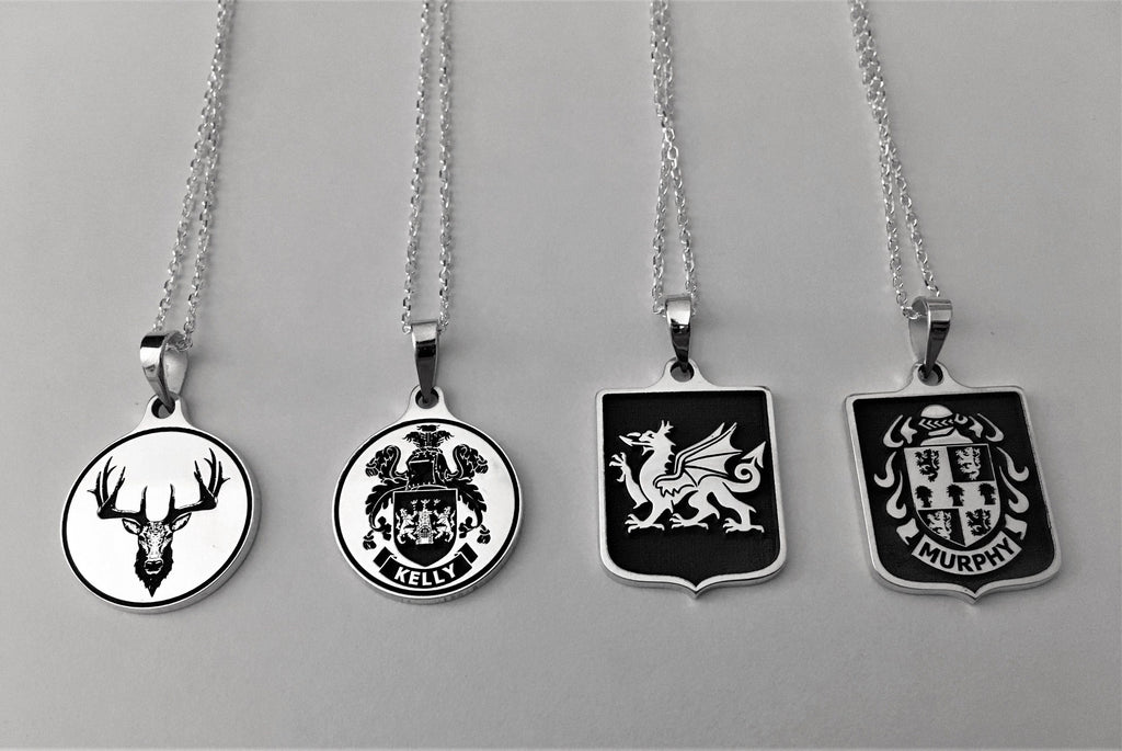 Custom Engraved Sterling Silver Necklace: Family Crest, Logo Pendant
