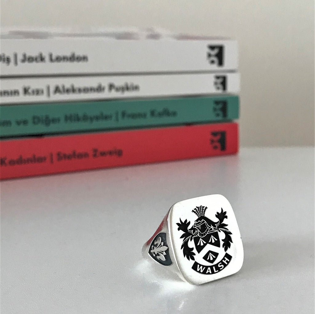 Custom Cushion Square Family Crest 925 Sterling Silver Ring, Personalized Signet Ring